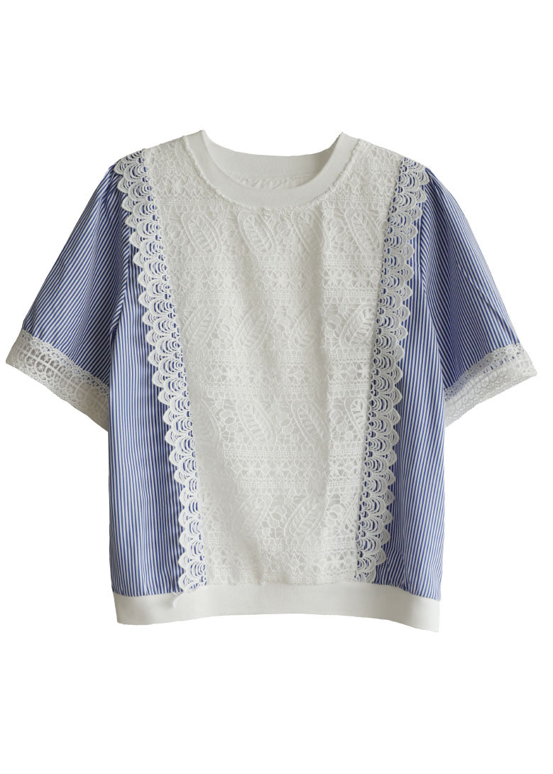 Chic Colorblock O-Neck Patchwork Striped Lace Shirt Short Sleeve - Omychic