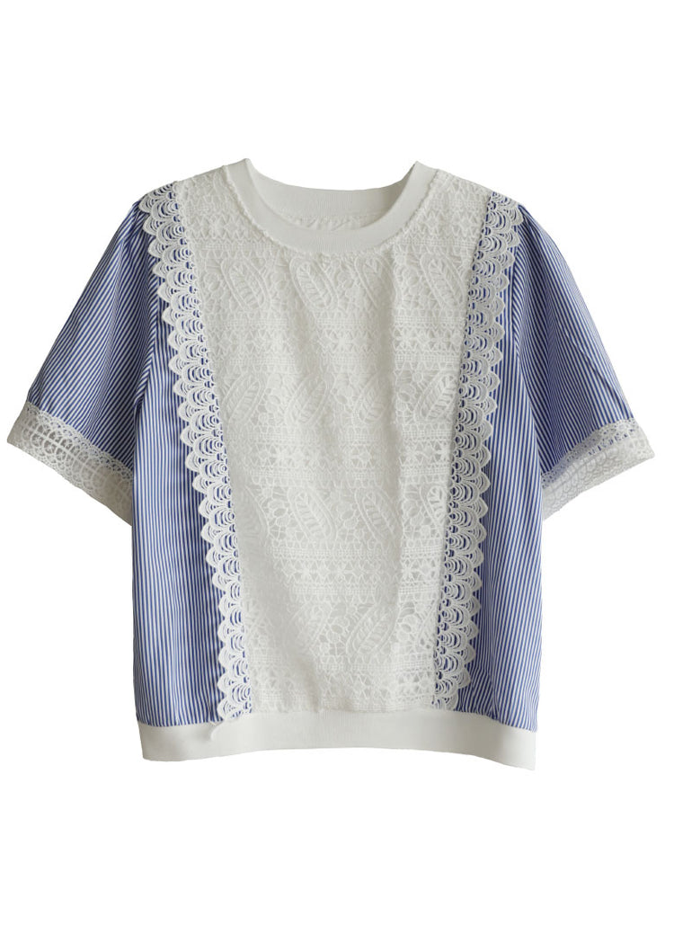 Chic Colorblock O-Neck Patchwork Striped Lace Shirt Short Sleeve - Omychic