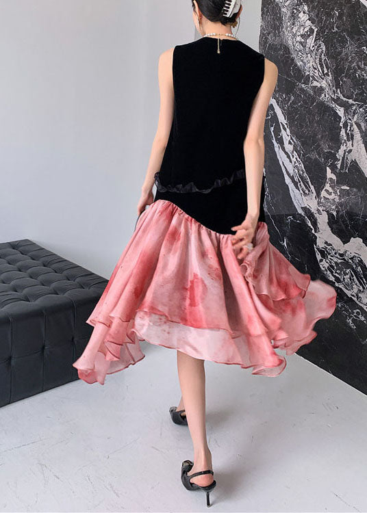 Chic Colorblock Ruffled Patchwork Exra Large Hem Chiffon Mid Dress Sleeveless