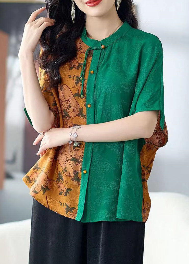 Chic Colorblock Stand Collar Tasseled Print Patchwork Silk Shirts Tops Summer