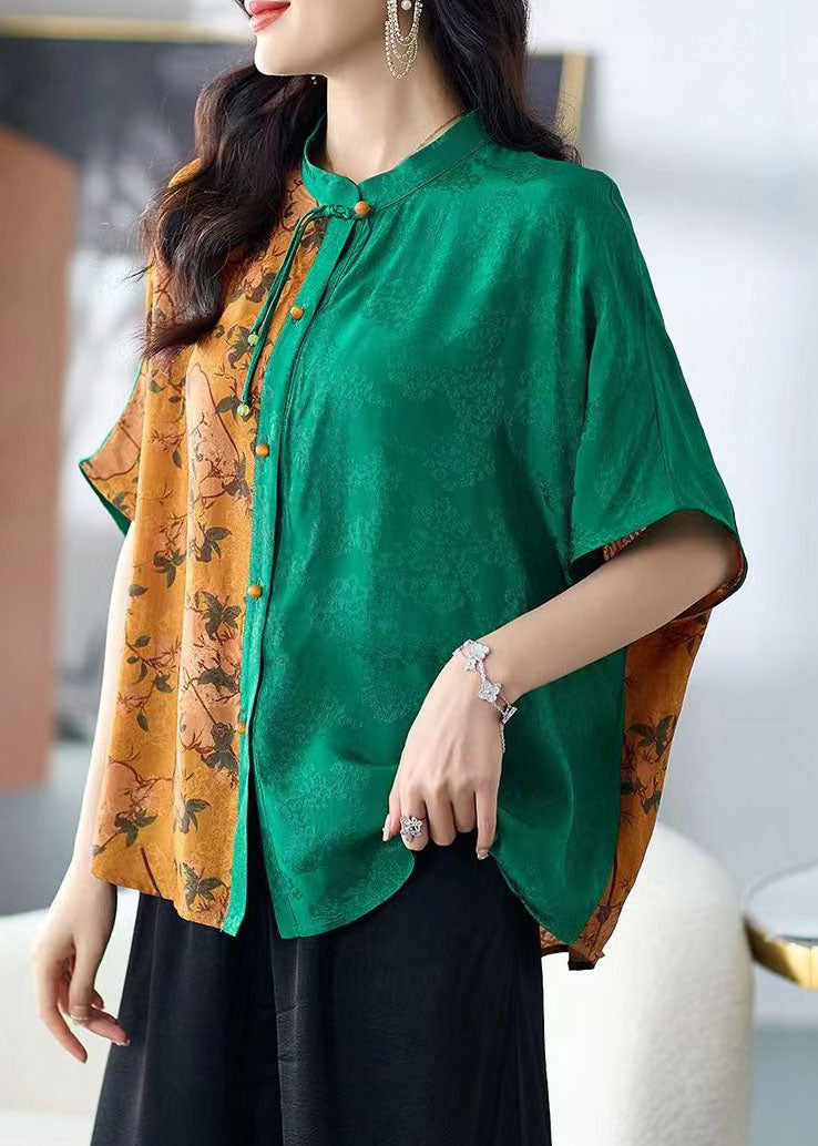 Chic Colorblock Stand Collar Tasseled Print Patchwork Silk Shirts Tops Summer