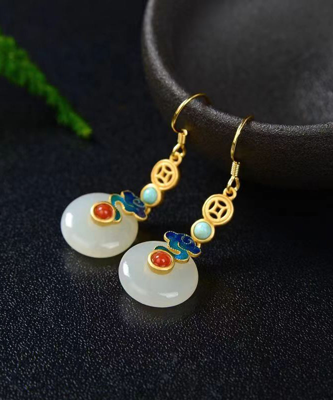 Chic Colorblock Sterling Silver Overgild Jade Agate Turquoise Enamel Xiangyun Drop Earrings