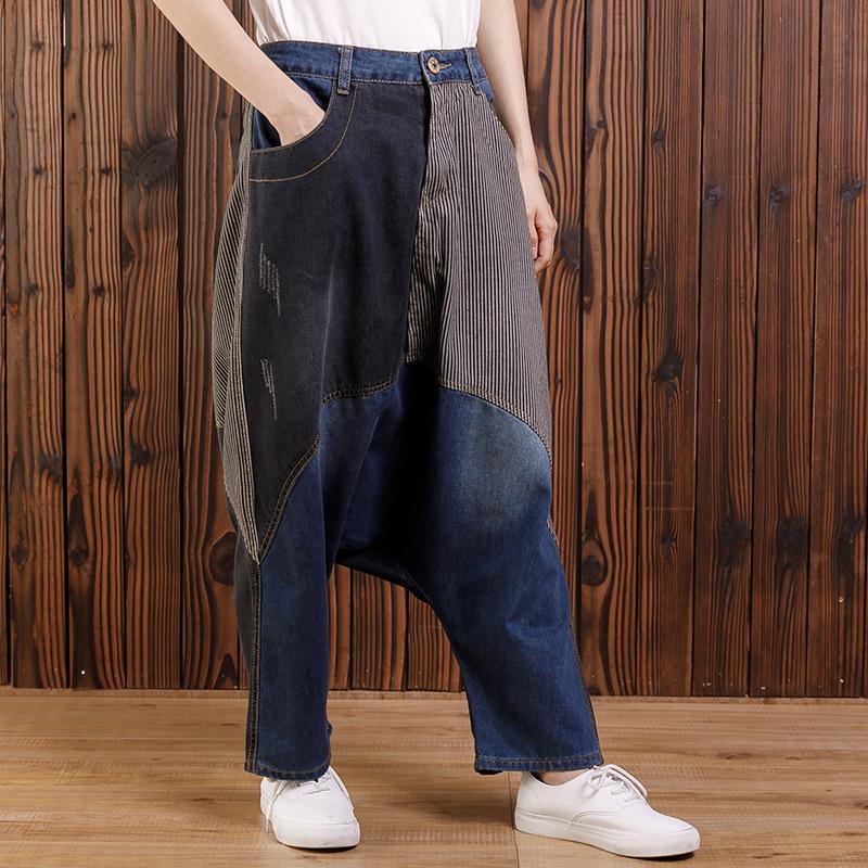 Chic Cotton clothes For Women 2019 Cotton Irregular Spliced Striped Pockets Jeans - Omychic