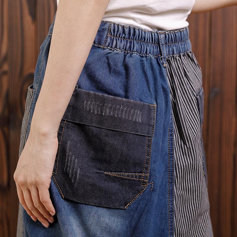 Chic Cotton clothes For Women 2019 Cotton Irregular Spliced Striped Pockets Jeans - Omychic