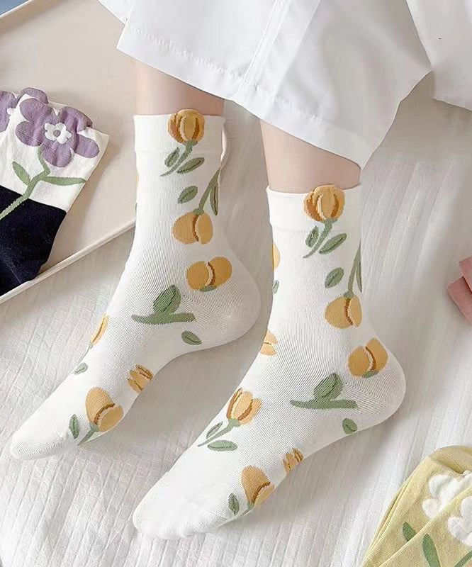 Chic Cute Floral Jacquard Cotton Mid Calf Socks