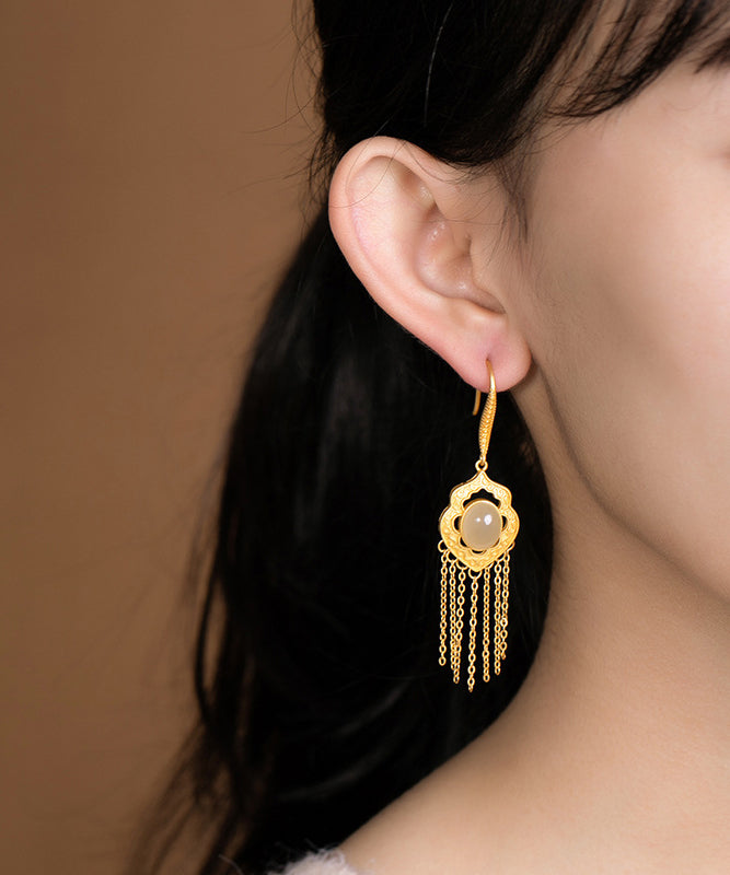 Chic Cyan Inlaid Hetian Jade Gold Plated Drop Earrings