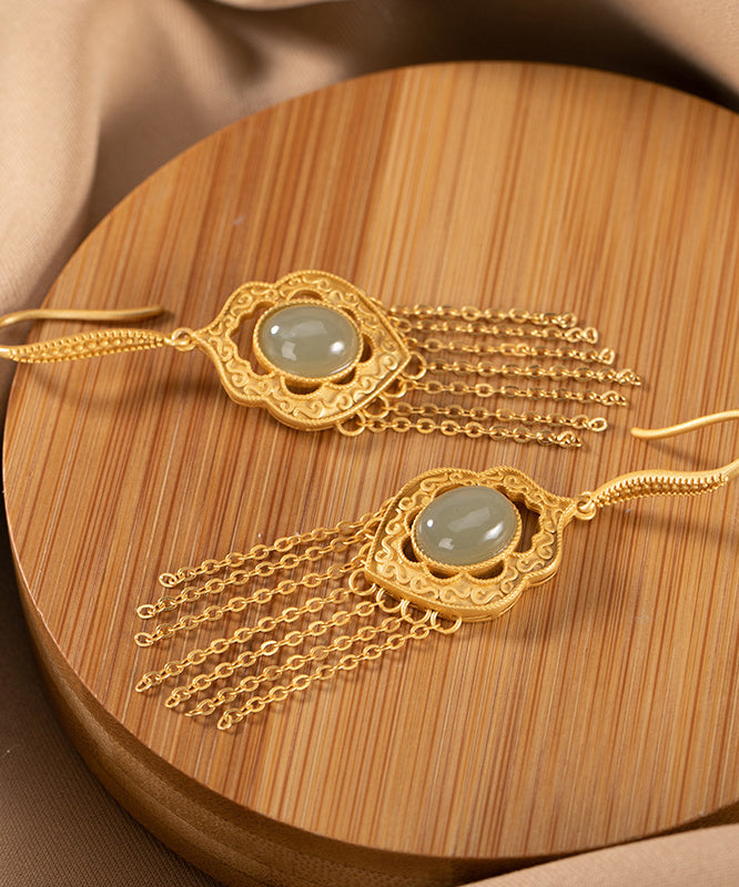 Chic Cyan Inlaid Hetian Jade Gold Plated Drop Earrings