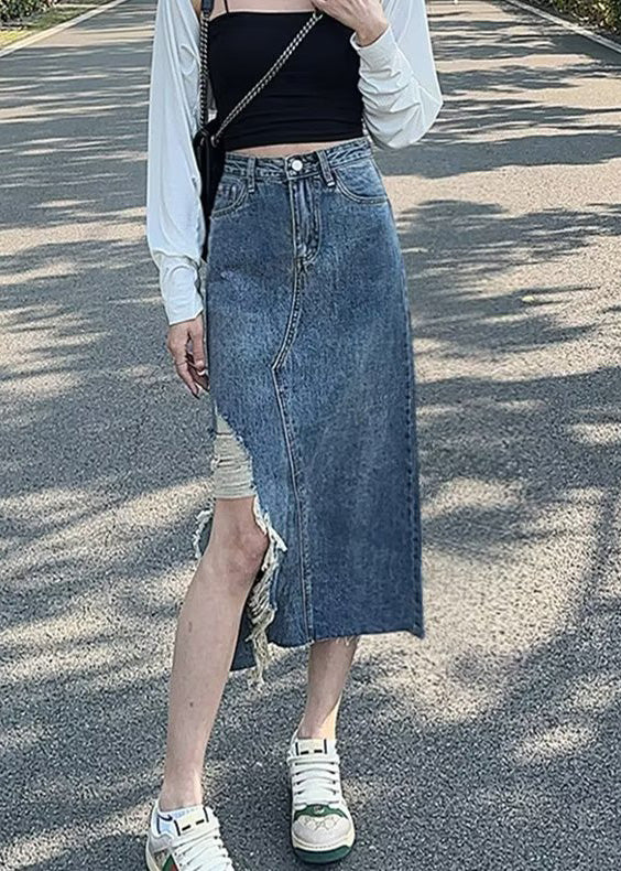 Chic Denim Blue Asymmetrical Patchwork Pockets A Line Skirt