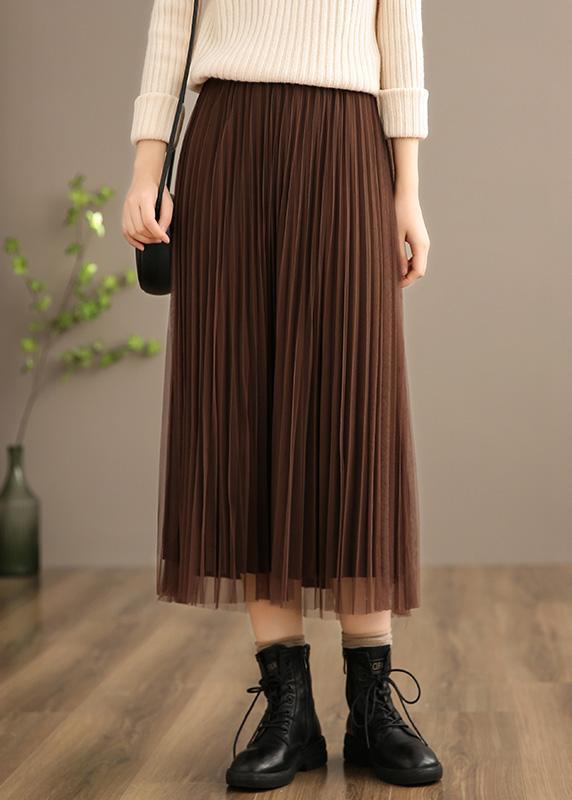 Chic Elastic Waist Pleated Skirt Spring Quilting Chocolate Kaftan Skirt - Omychic