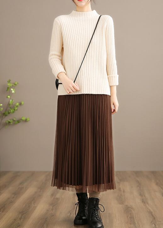 Chic Elastic Waist Pleated Skirt Spring Quilting Chocolate Kaftan Skirt - Omychic