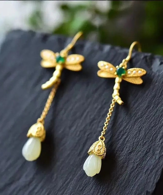 Chic Gold Sterling Silver Overgild Inlaid Jade Tassel Dragonfly Drop Earrings