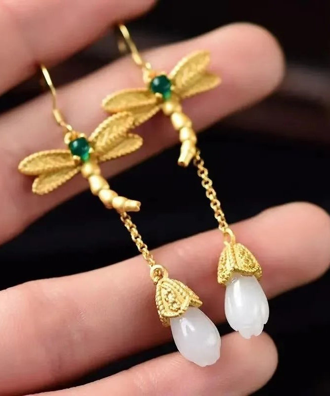 Chic Gold Sterling Silver Overgild Inlaid Jade Tassel Dragonfly Drop Earrings