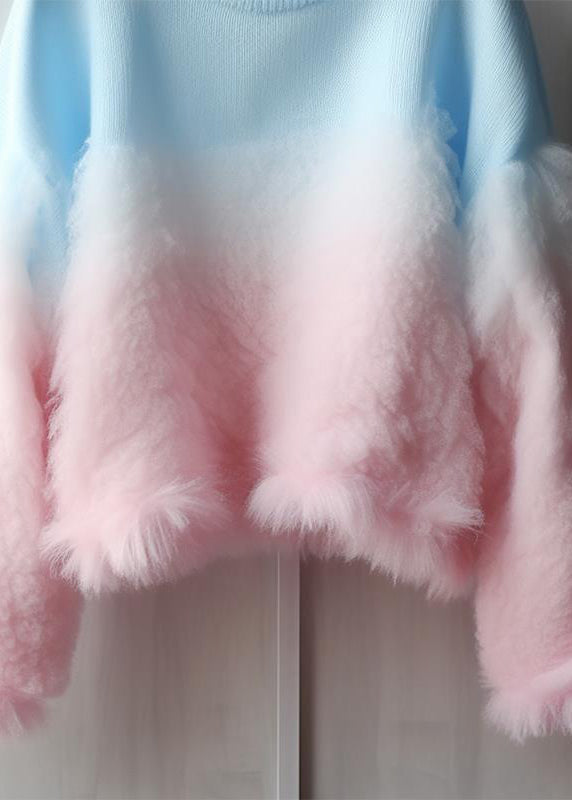 Chic Gradient Color Fluffy Patchwork Cozy Cotton Knit Sweaters Fall