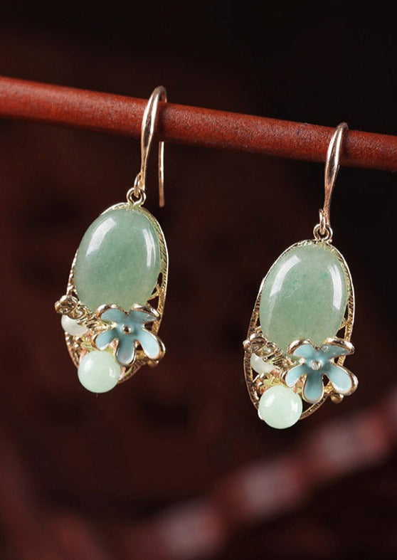 Chic Green Copper Pearl Jade Cloisonne Drop Earrings