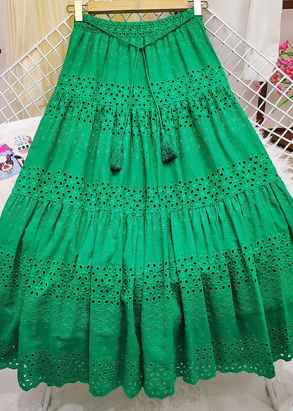 Chic Green Embroidered Tasseled Hollow Out Cotton Skirt Summer