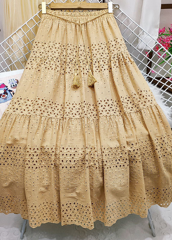 Chic Green Embroideried Tasseled Hollow Out Cotton Skirt Summer