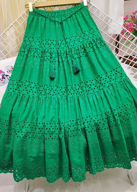 Chic Green Embroidered Tasseled Hollow Out Cotton Skirt Summer