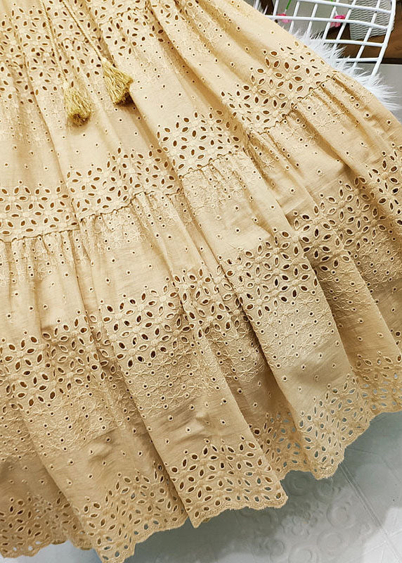 Chic Green Embroidered Tasseled Hollow Out Cotton Skirt Summer