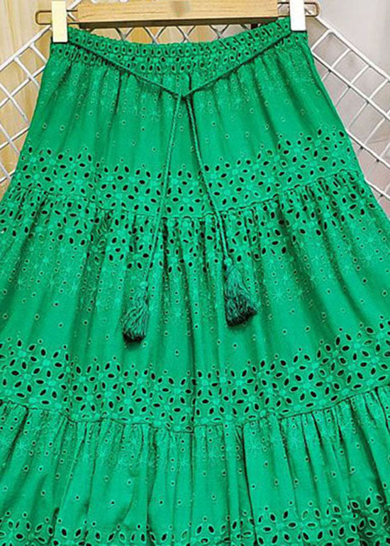 Chic Green Embroidered Tasseled Hollow Out Cotton Skirt Summer