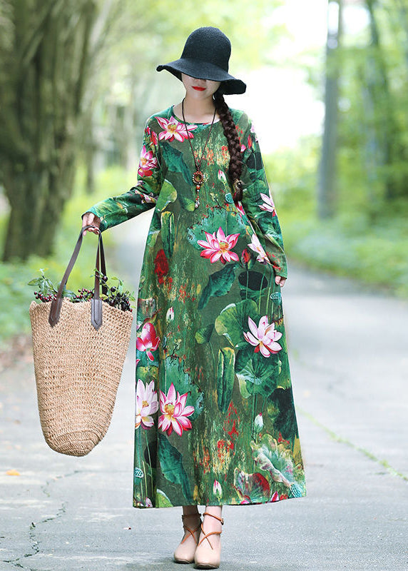 Chic Green Lotus Print Oversized Cotton A Line Dresses Spring