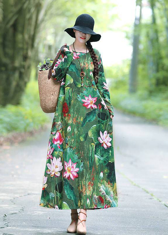 Chic Green Lotus Print Oversized Cotton A Line Dresses Spring