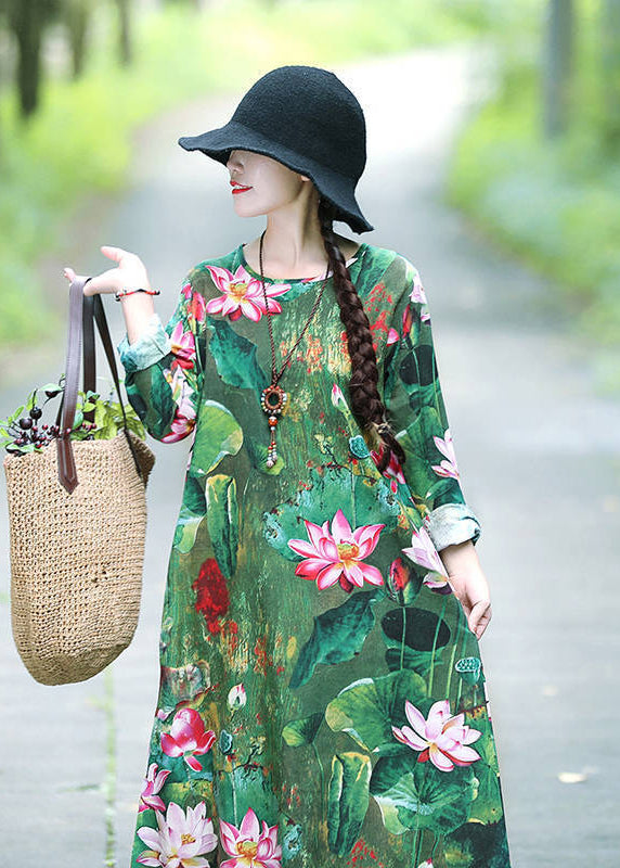 Chic Green Lotus Print Oversized Cotton A Line Dresses Spring