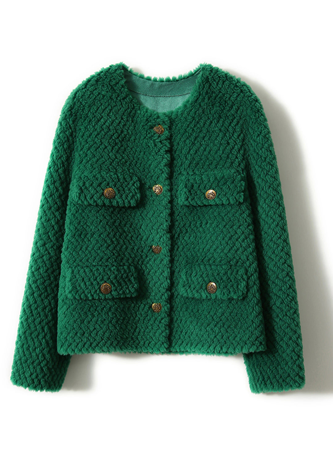 Chic Green O-Neck Button Woolen Coat Long Sleeve