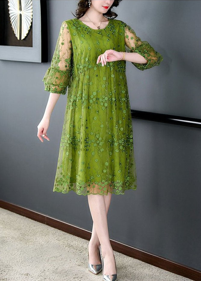 Chic Green O Neck Embroideried Patchwork Tulle Mid Dress Summer
