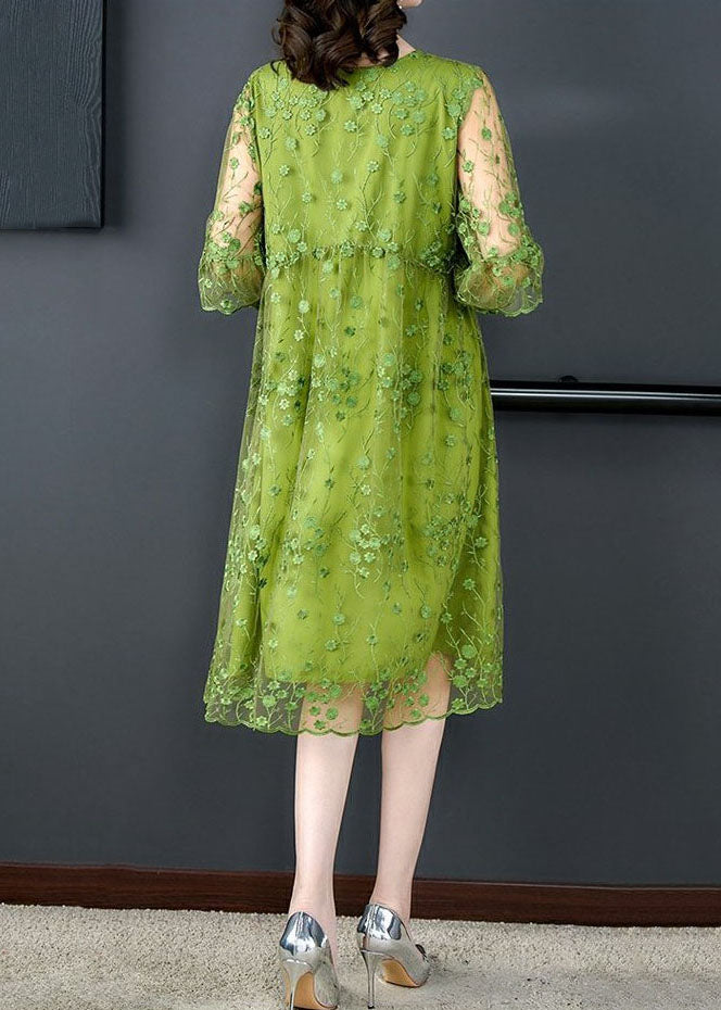 Chic Green O Neck Embroideried Patchwork Tulle Mid Dress Summer