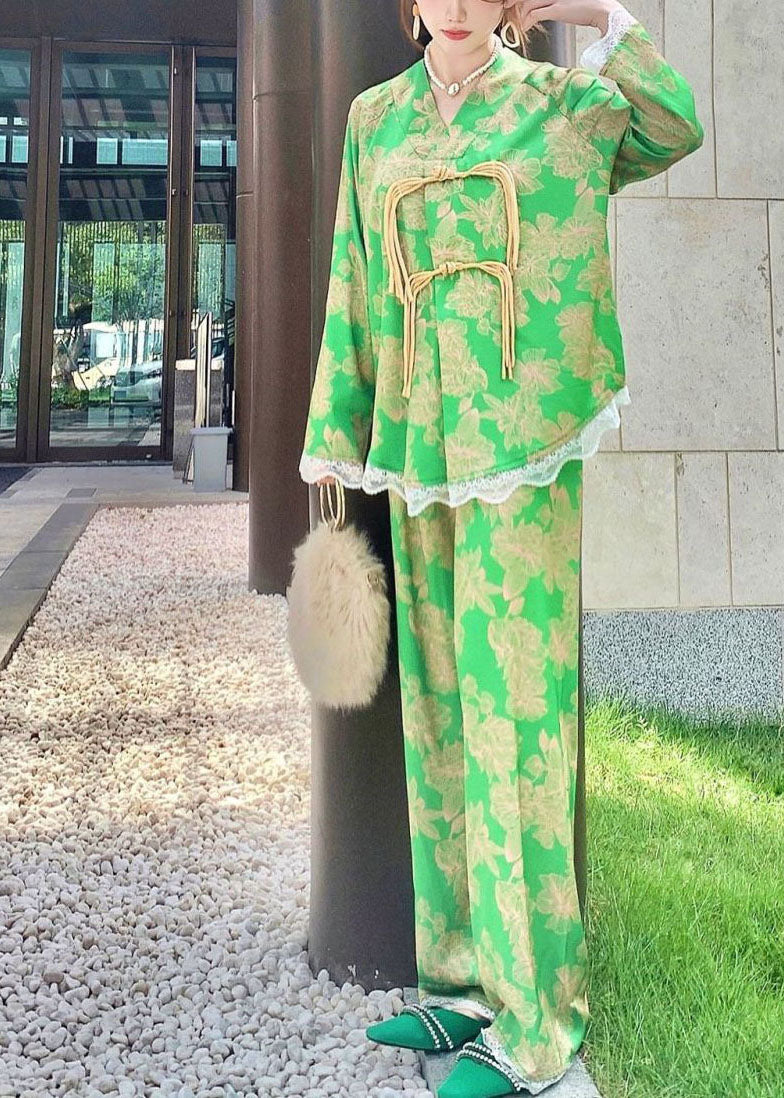 Chic Green Oriental Button Lace Patchwork Ice Silk Pajamas Two Pieces Set Spring