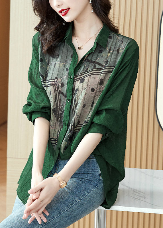 Chic Green Peter Pan Collar Print Button Cotton Shirts Long Sleeve