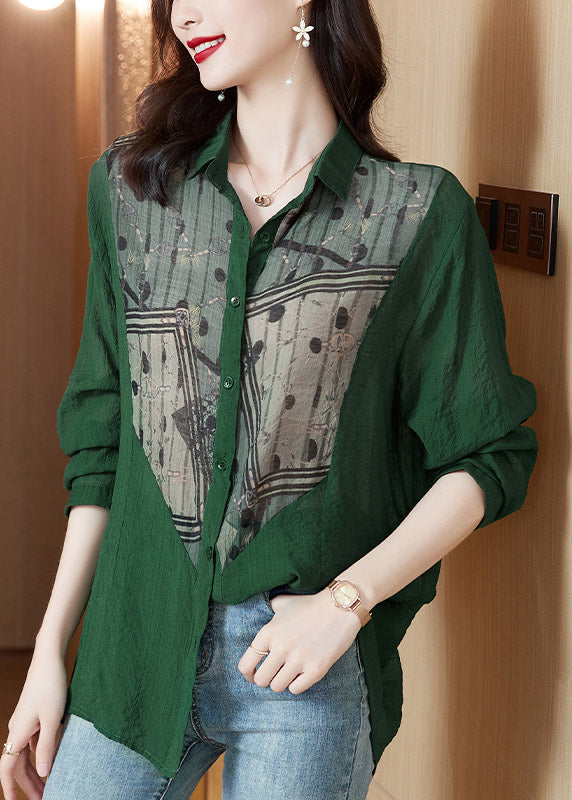 Chic Green Peter Pan Collar Print Button Cotton Shirts Long Sleeve