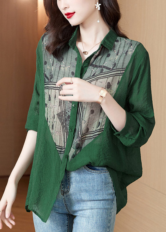 Chic Green Peter Pan Collar Print Button Cotton Shirts Long Sleeve