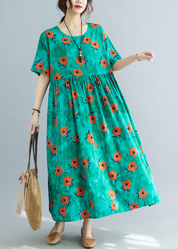 Chic Green Print Patchwork Cozy Holiday Maxi Dress Summer