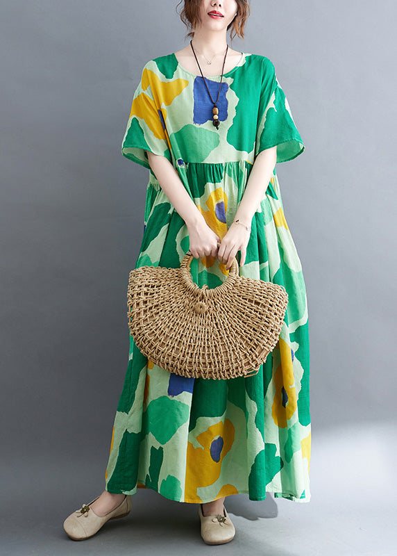 Chic Green Print Wrinkled Party Maxi Dress Summer