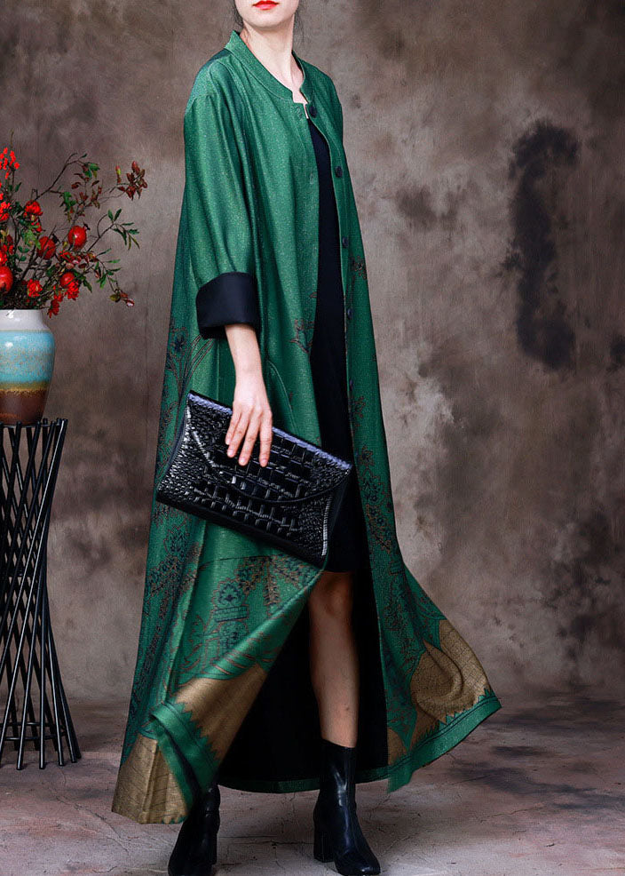 Chic Green Stand Collar Pockets Print Silk Trench Coats Long Sleeve