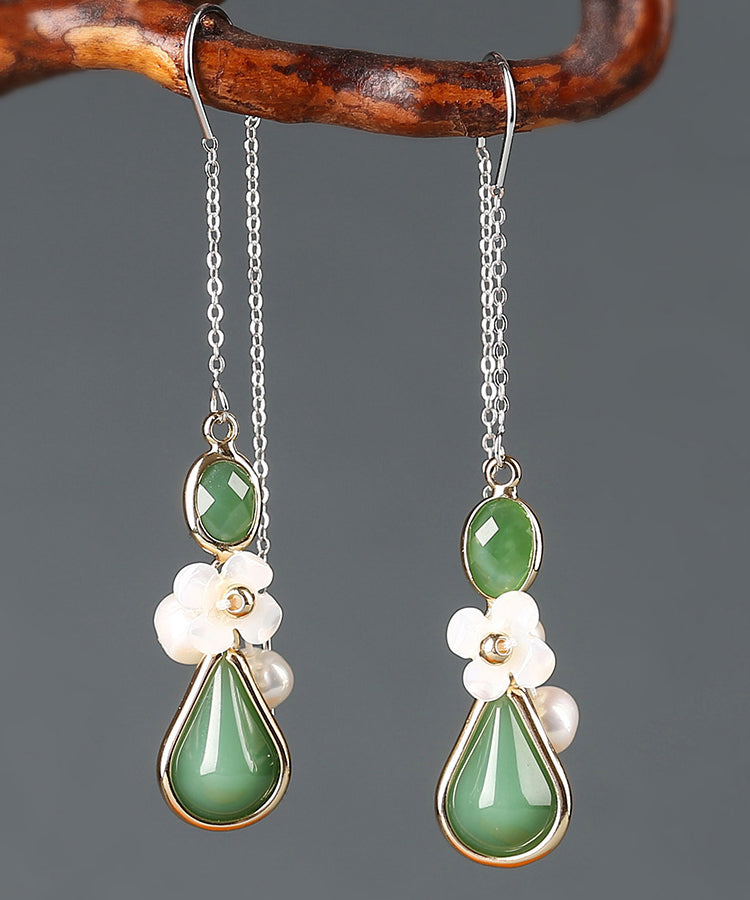 Chic Green Sterling Silver Coloured Glaze Pearl Shell Flower Drop Earrings