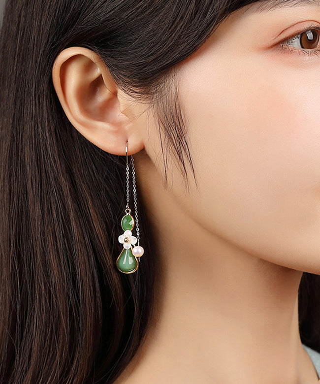Chic Green Sterling Silver Coloured Glaze Pearl Shell Flower Drop Earrings