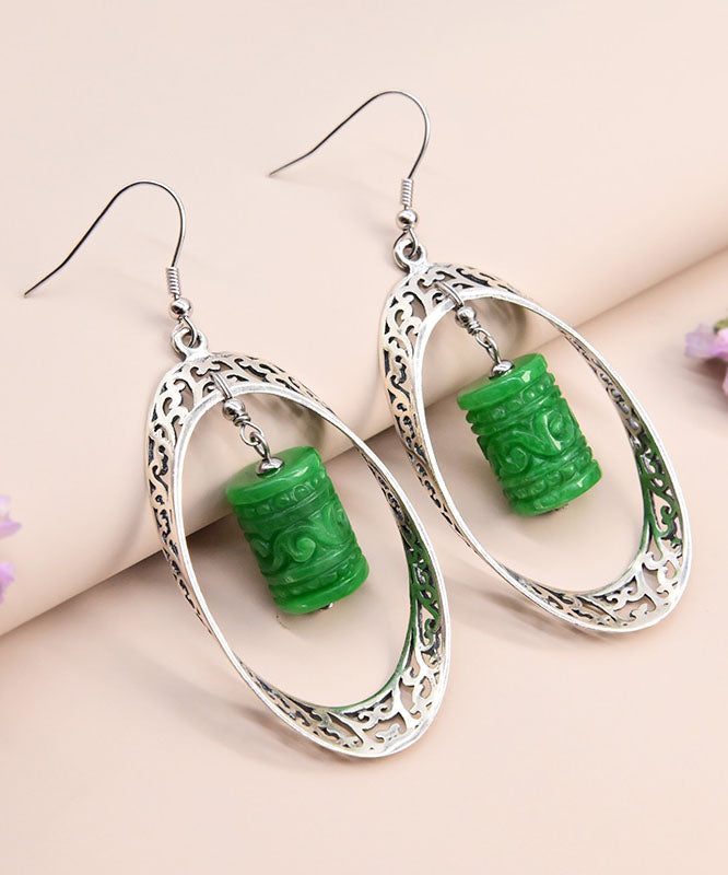 Chic Green Sterling Silver Jade Dry Green Hollow Out Drop Earrings