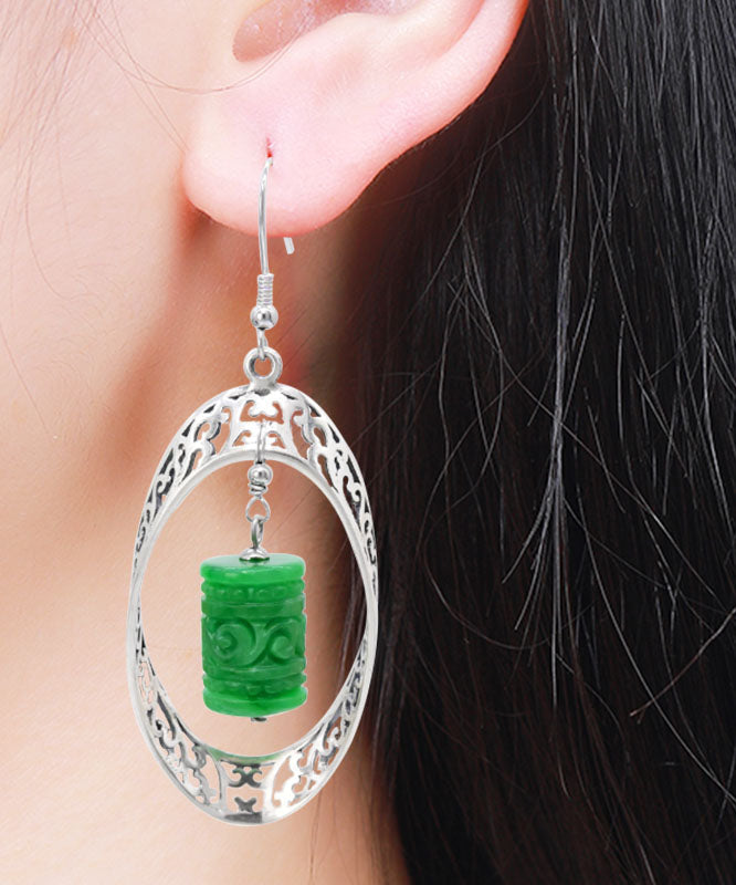 Chic Green Sterling Silver Jade Dry Green Hollow Out Drop Earrings