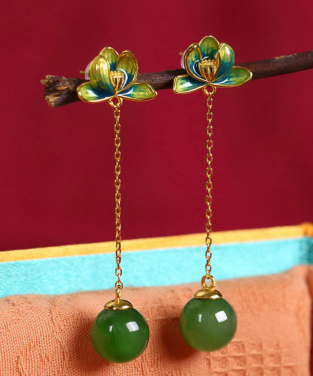 Chic Green Sterling Silver Jade Enamel Lotus Tassel Drop Earrings