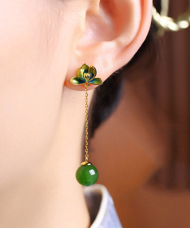 Chic Green Sterling Silver Jade Enamel Lotus Tassel Drop Earrings - Omychic
