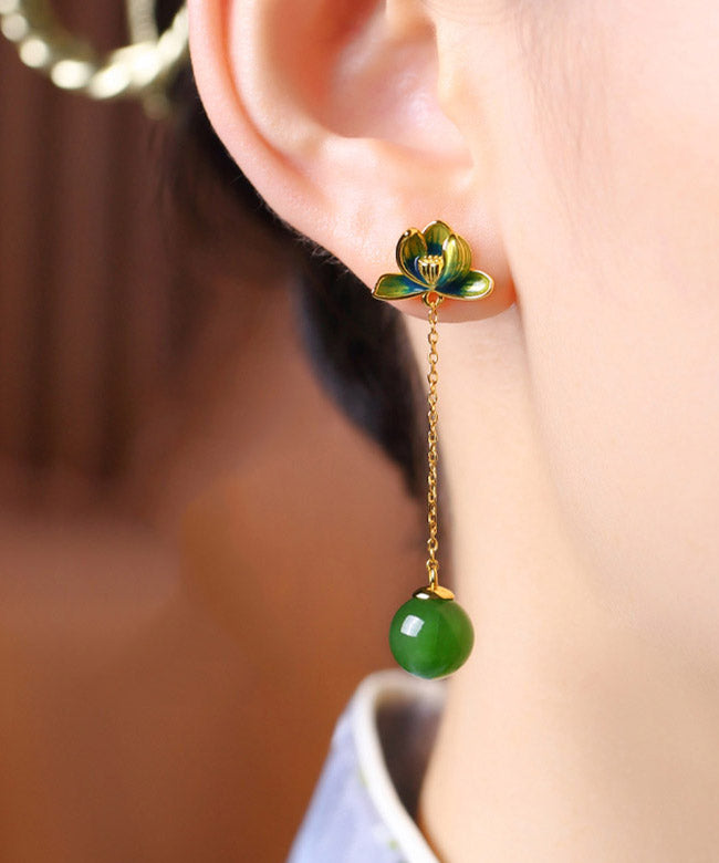 Chic Green Sterling Silver Jade Enamel Lotus Tassel Drop Earrings - Omychic