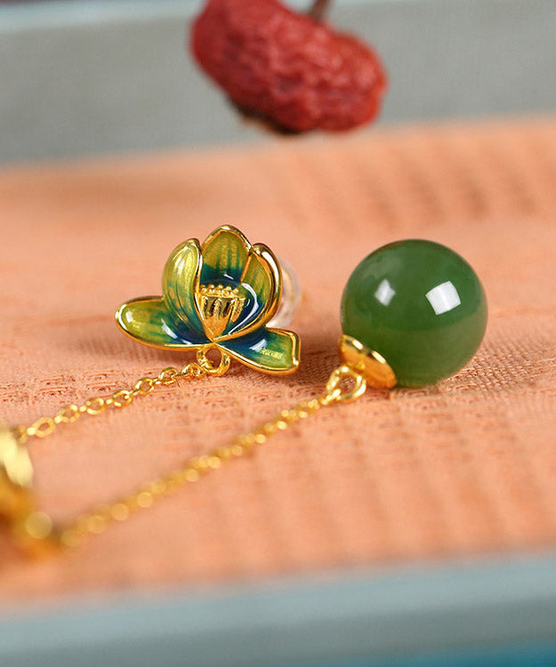 Chic Green Sterling Silver Jade Enamel Lotus Tassel Drop Earrings - Omychic