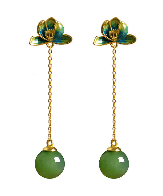 Chic Green Sterling Silver Jade Enamel Lotus Tassel Drop Earrings