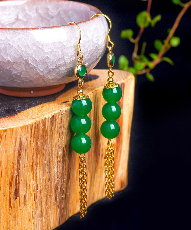 Chic Green Sterling Silver Overgild 14K Gold Jade Tassel Drop Earrings