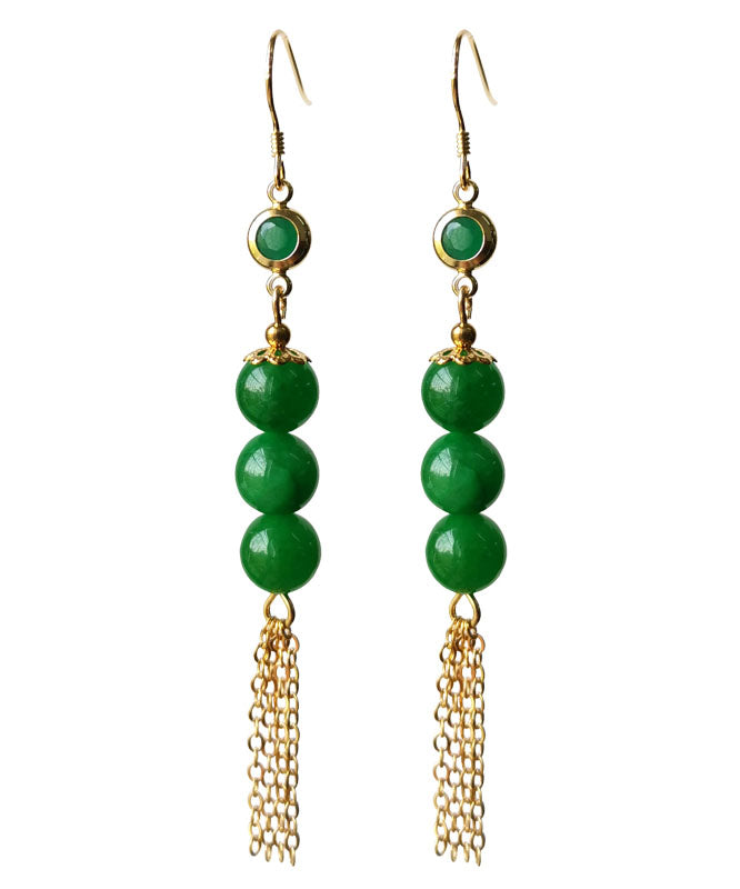 Chic Green Sterling Silver Overgild 14K Gold Jade Tassel Drop Earrings