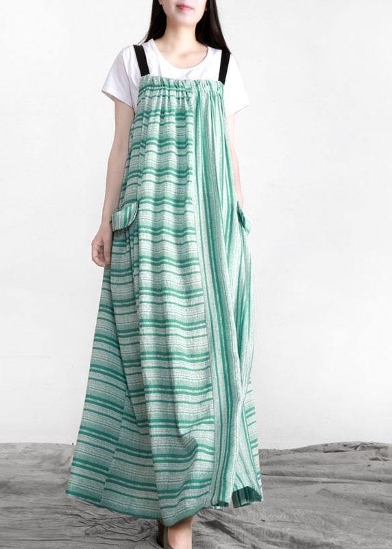 Chic Green Striped Pockets Button Linen Dress - Omychic