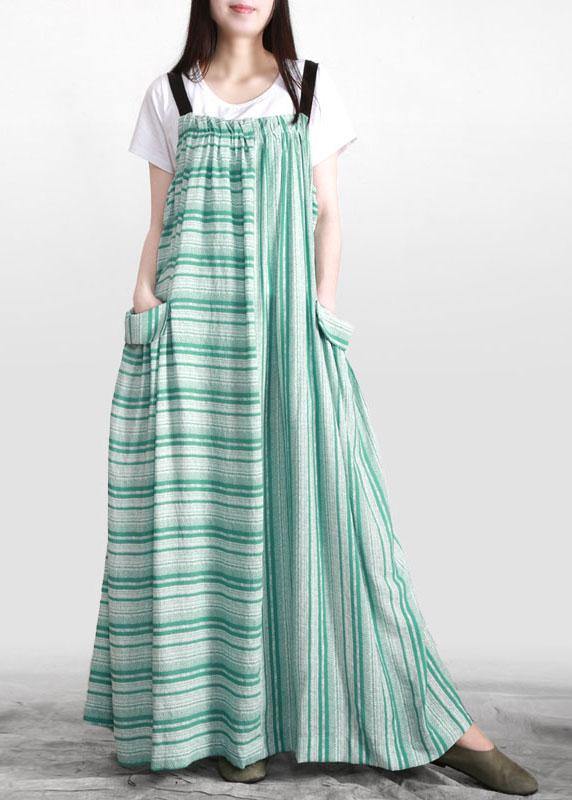 Chic Green Striped Pockets Button Linen Dress - Omychic