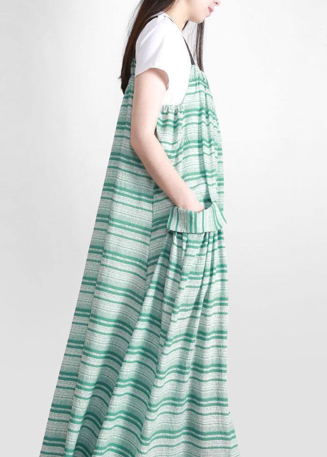 Chic Green Striped Pockets Button Linen Dress - Omychic